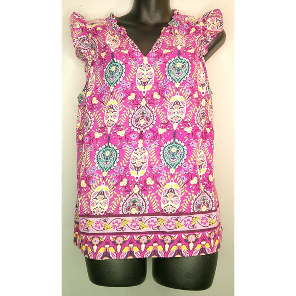 Talbots Blouse Short Cap Sleeve V-neck Purple Paisley Women's Large Petite - Picture 1 of 8